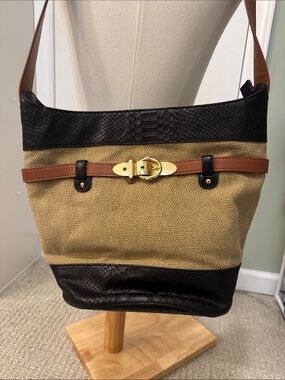 henri bendel Black & Tan Canvas Shoulder Bag with Gold Buckle